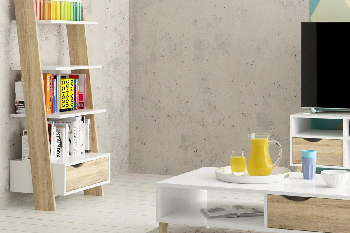 Oslo Leaning Bookcase 1 Drawer In White And Oak