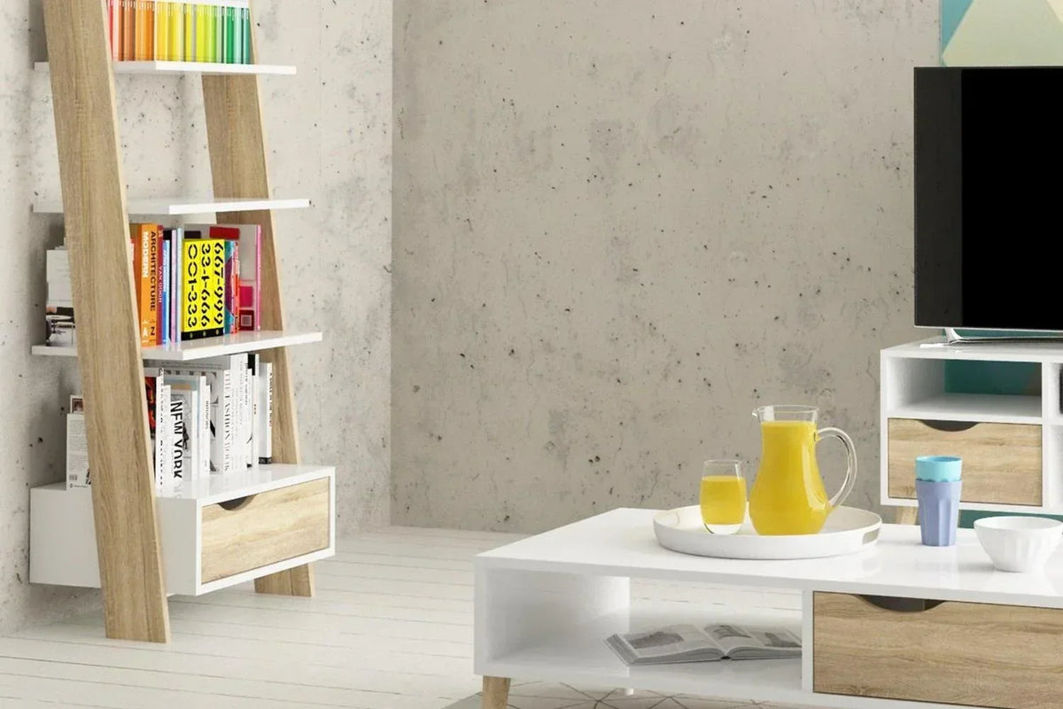 Oslo Leaning Bookcase 1 Drawer In White And Oak