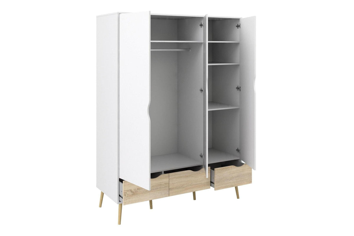 Oslo Wardrobe 3 Doors 3 Drawers In White And Oak