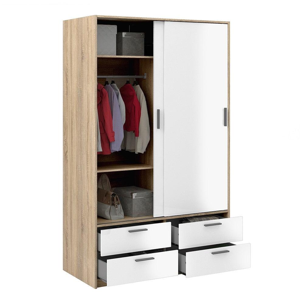 Line Wardrobe - 2 Doors 4 Drawers in Oak with White High Gloss 120