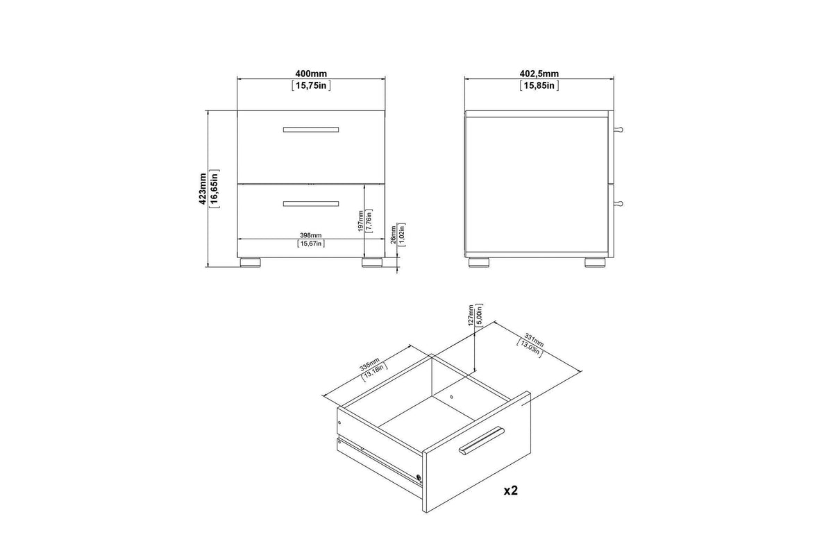 Pepe Bedside 2 Drawers In Oak With White High Gloss