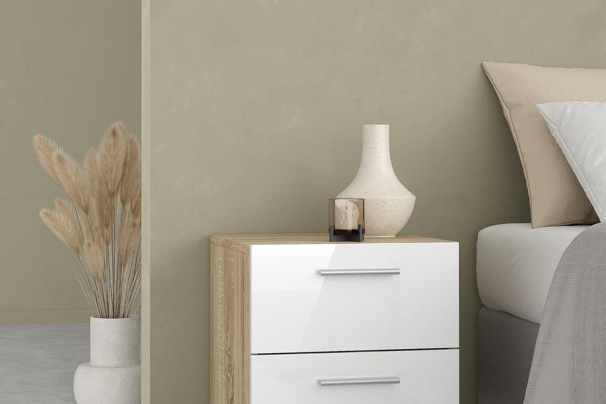 Pepe Bedside 2 Drawers In Oak With White High Gloss
