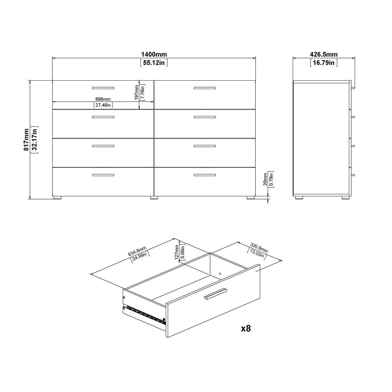 Pepe Wide Chest of 8 Drawers (4+4) in Walnut