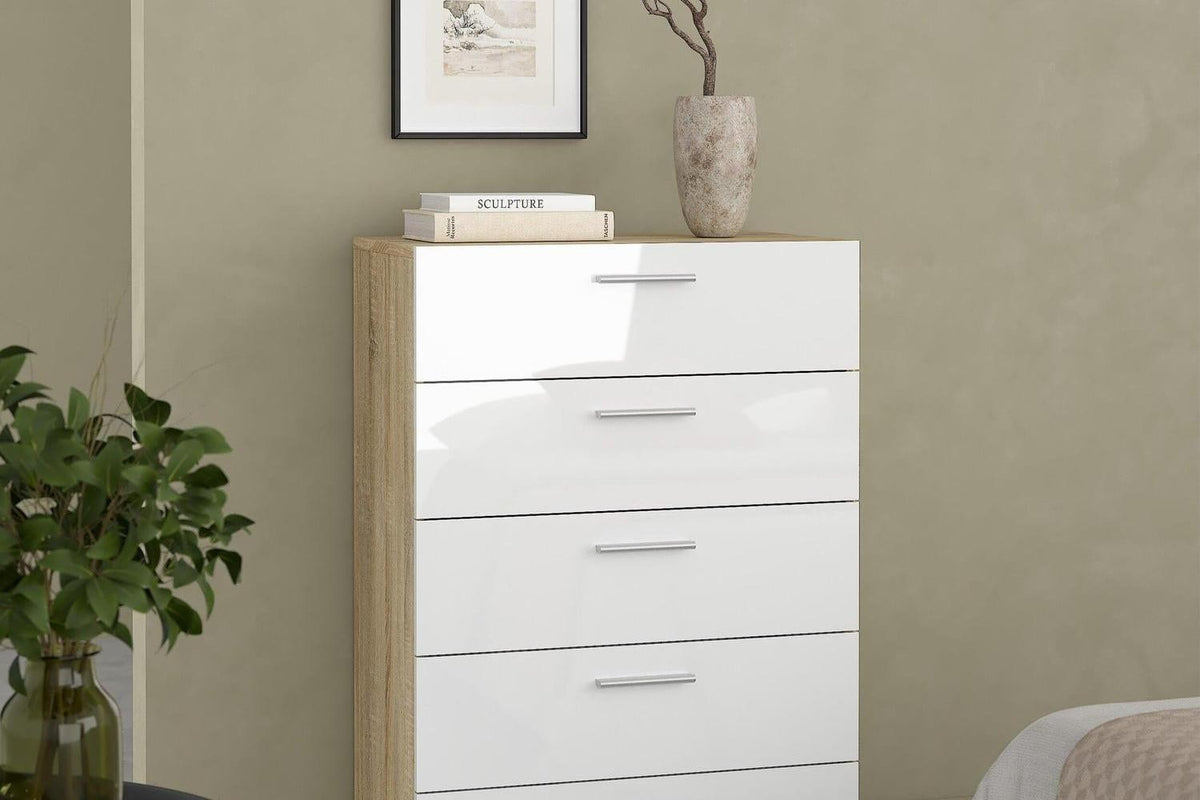 Pepe Chest Of 5 Drawers In Oak With White High Gloss