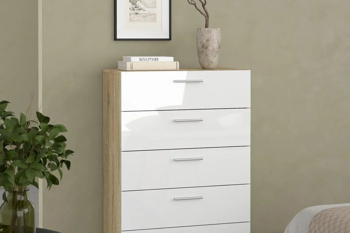 Pepe Chest Of 5 Drawers In Oak With White High Gloss