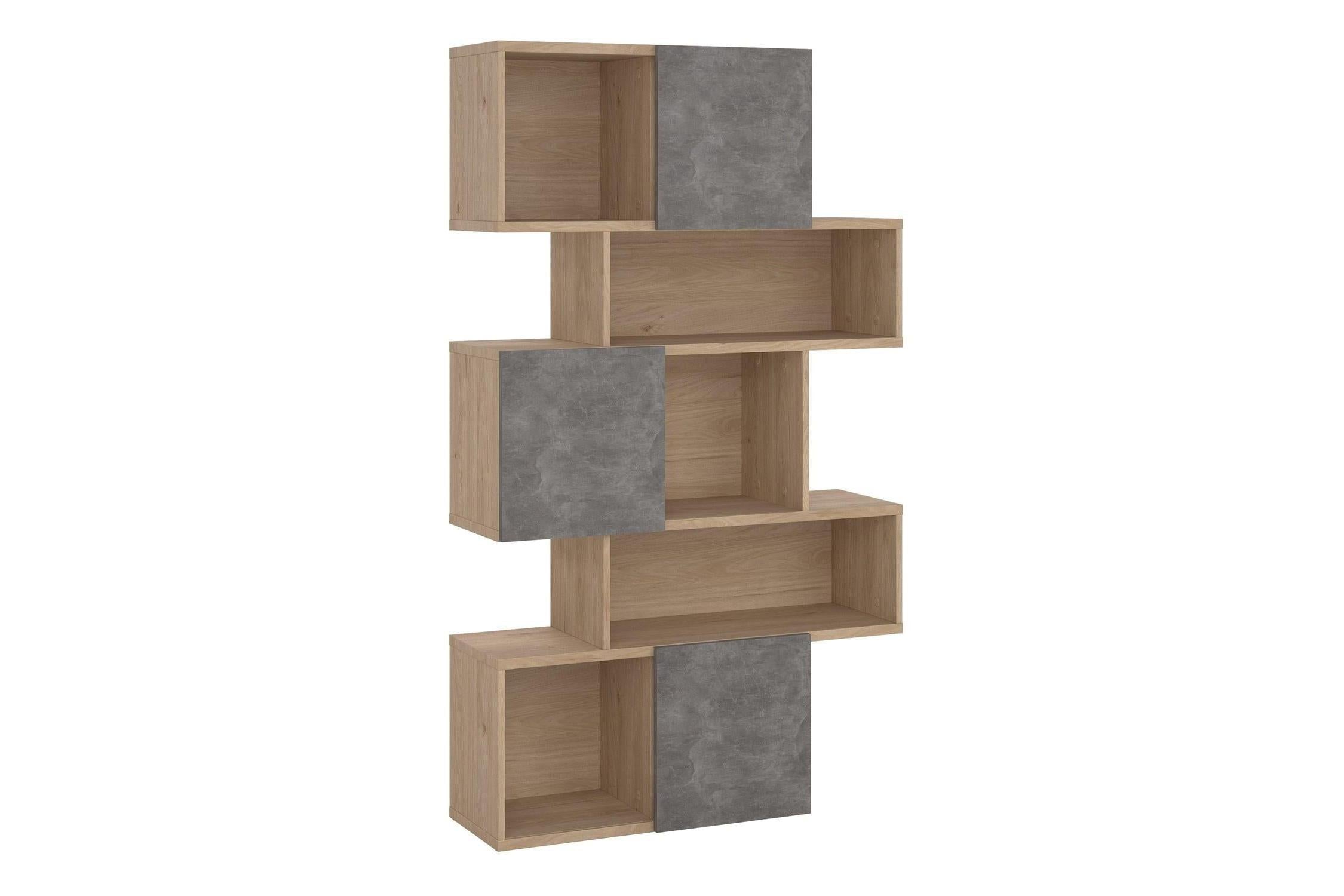 Maze Asymmetrical Bookcase With 3 Doors In Jackson Hickory And Concrete