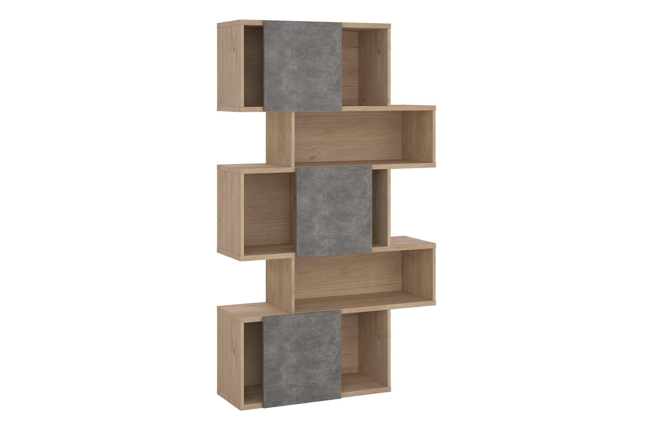 Maze Asymmetrical Bookcase With 3 Doors In Jackson Hickory And Concrete