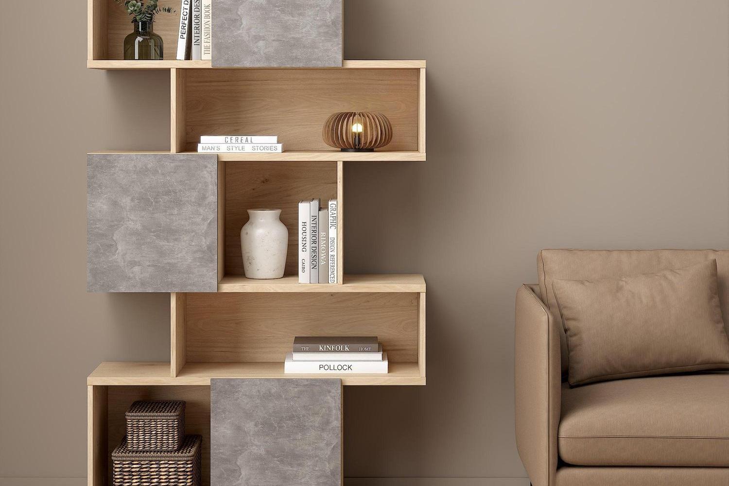 Maze Asymmetrical Bookcase With 3 Doors In Jackson Hickory And Concrete