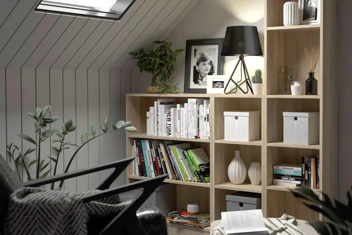 Basic Low Narrow Bookcase with 2 Shelves in Oak