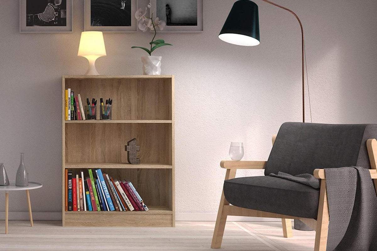 Basic Low Wide 2 Shelf Bookcase in Oak