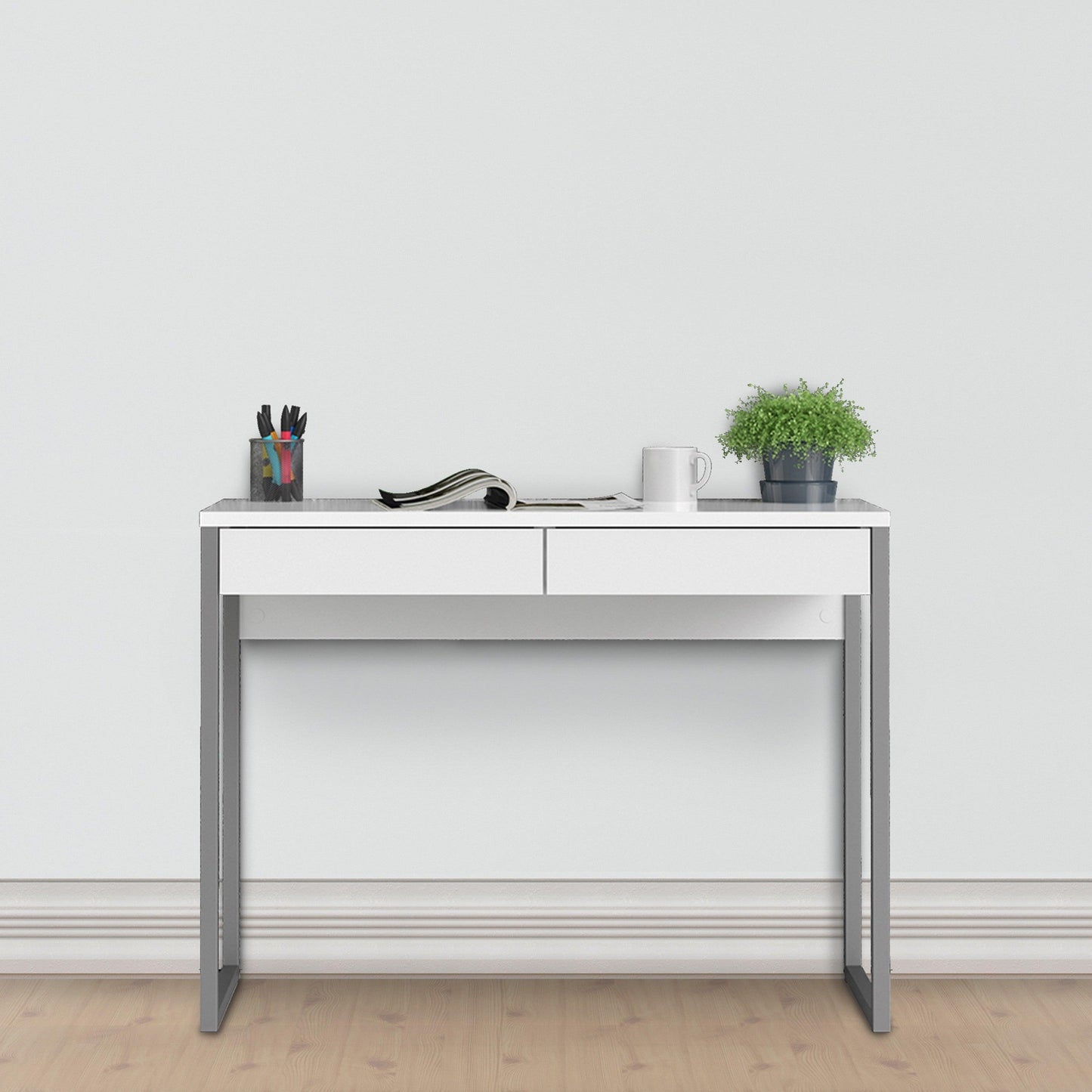 Function Plus Desk 2 Drawers in White High Gloss