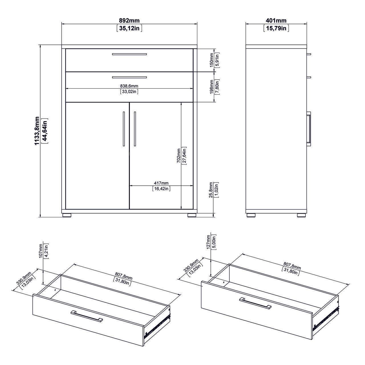 Prima Bookcase 3 Shelves With 2 Drawers And 2 Doors In White