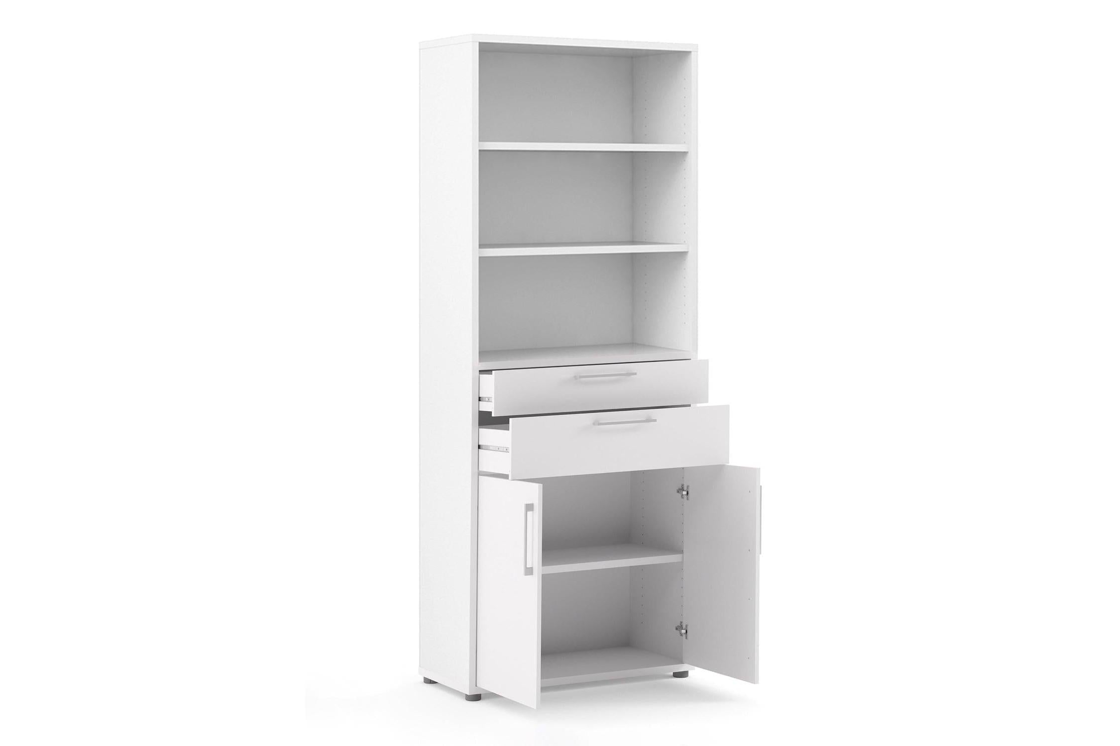 Prima Bookcase 3 Shelves With 2 Drawers 2 Doors In White