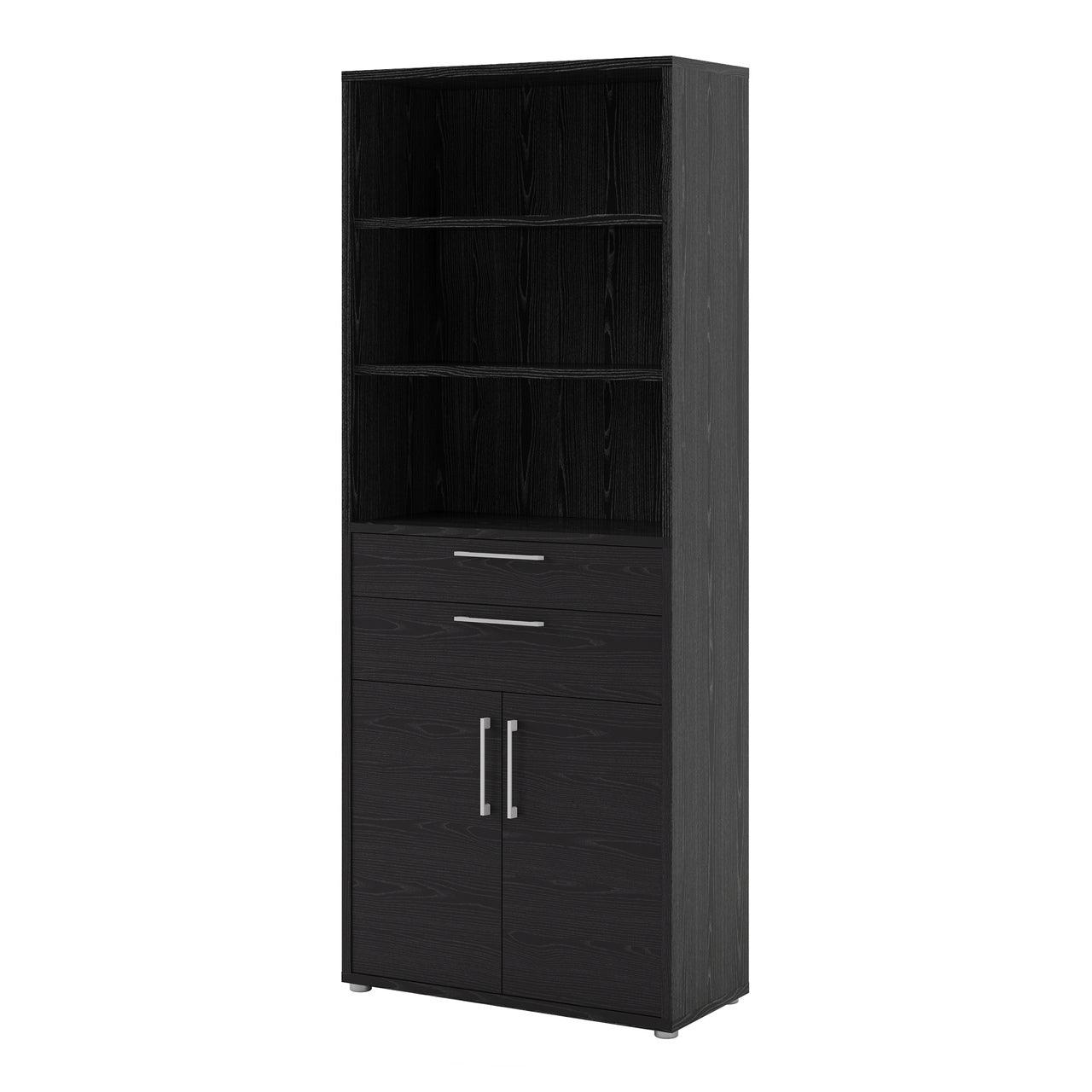 Prima Bookcase 3 Shelves With 2 Drawers And 2 Doors In Black Woodgrain