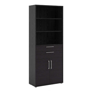 Prima Bookcase 3 Shelves With 2 Drawers And 2 Doors In Black Woodgrain - Msofas LTD