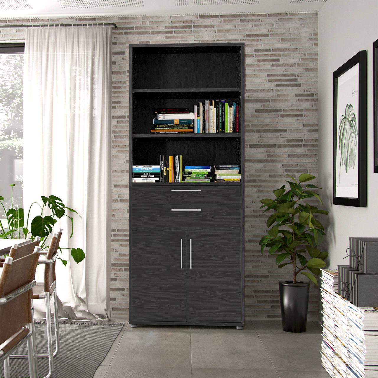 Prima Bookcase 3 Shelves With 2 Drawers And 2 Doors In Black Woodgrain