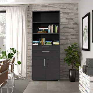 Prima Bookcase 3 Shelves With 2 Drawers And 2 Doors In Black Woodgrain