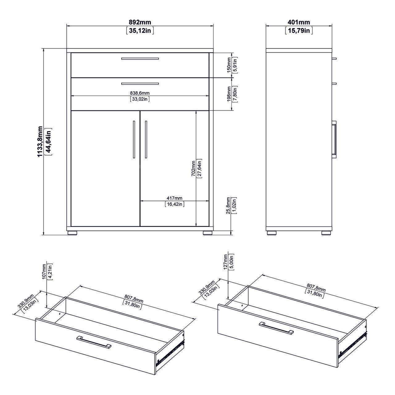 Prima Bookcase 3 Shelves With 2 Drawers And 2 Doors In Black Woodgrain