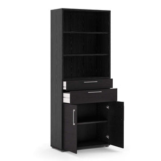 Prima Bookcase 3 Shelves With 2 Drawers And 2 Doors In Black Woodgrain - Msofas LTD