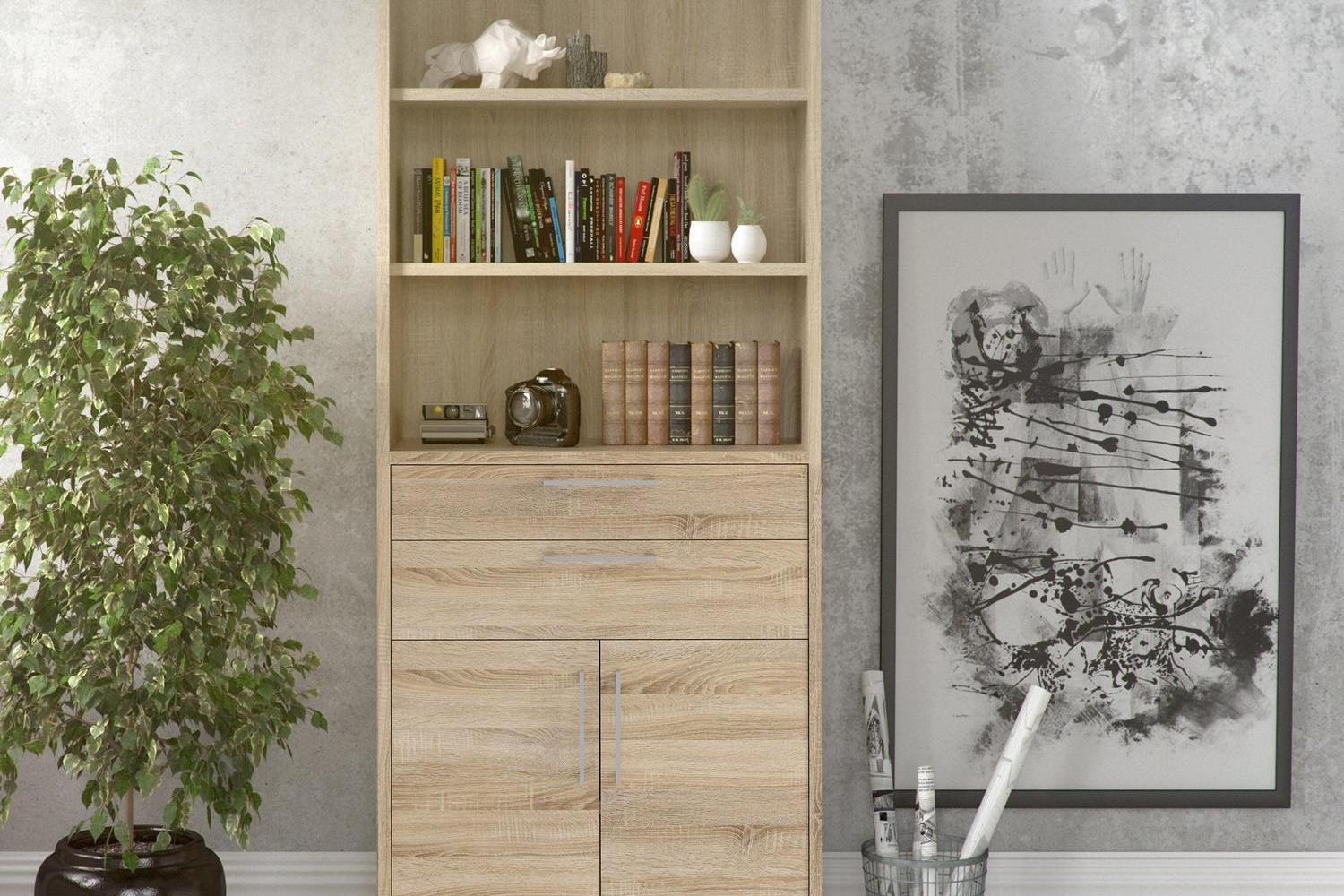 Prima Bookcase 3 Shelves With 2 Drawers 2 Doors In Oak