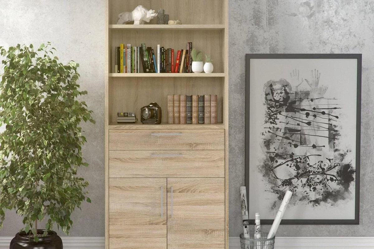 Prima Bookcase 3 Shelves With 2 Drawers 2 Doors In Oak