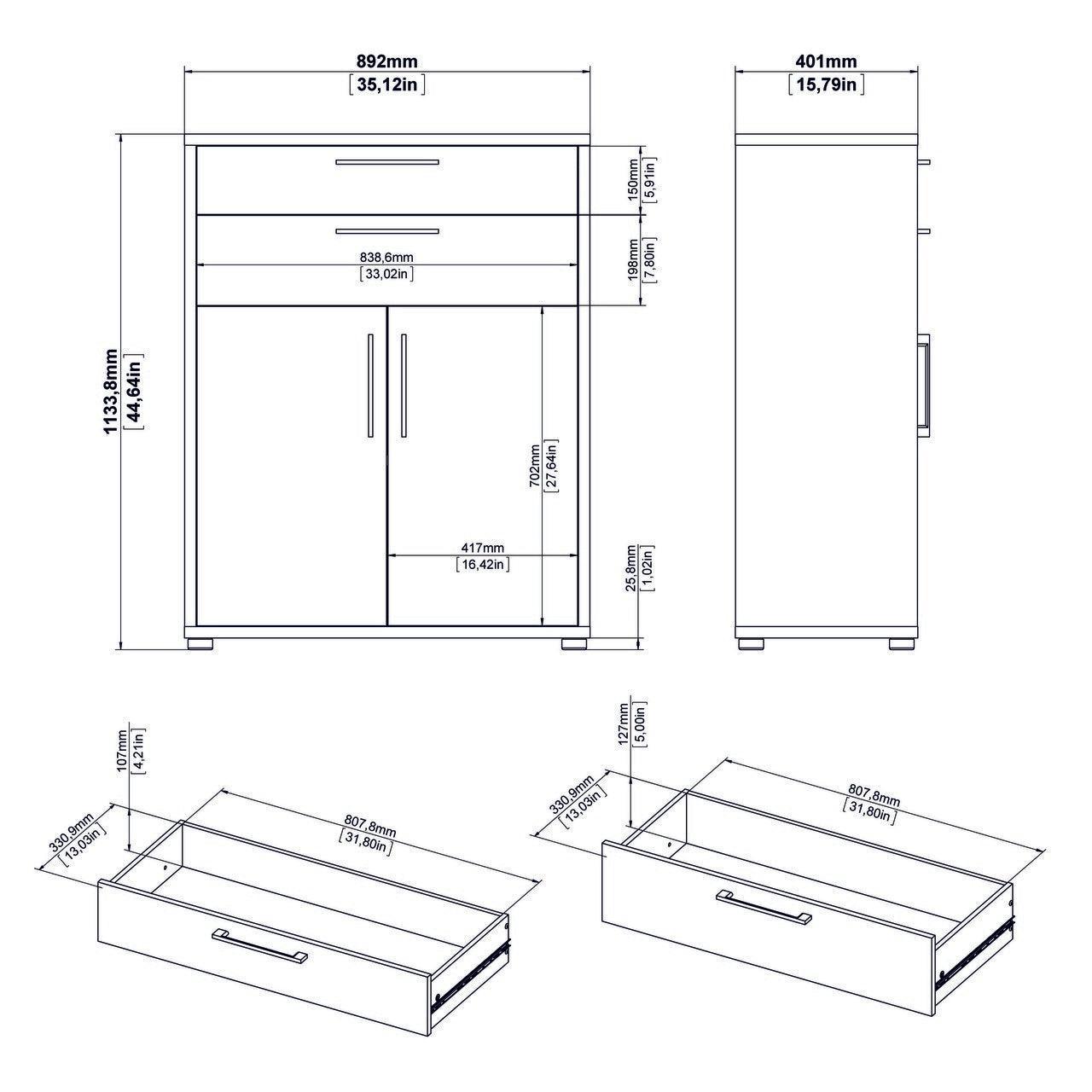 Prima Bookcase 1 Shelf With 2 Drawers + 2 Doors In White