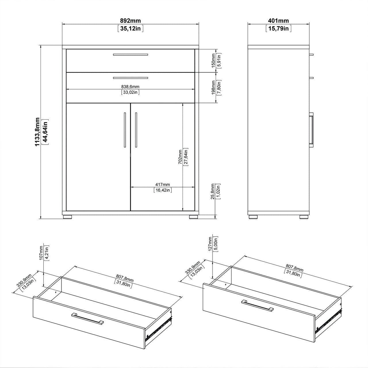 Prima Bookcase 1 Shelf + 2 Drawers And 2 Doors In Black Woodgrain