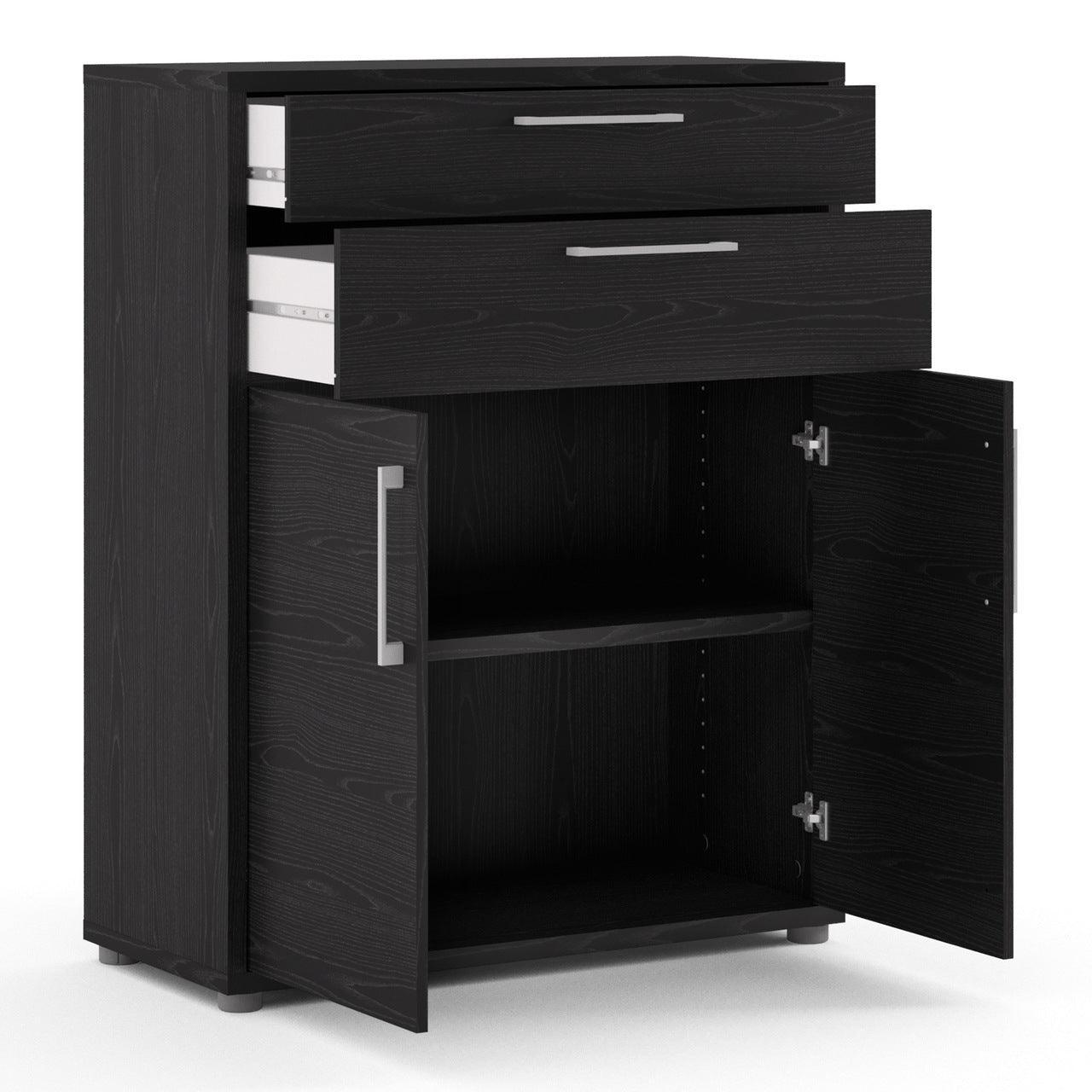 Prima Bookcase 1 Shelf + 2 Drawers And 2 Doors In Black Woodgrain