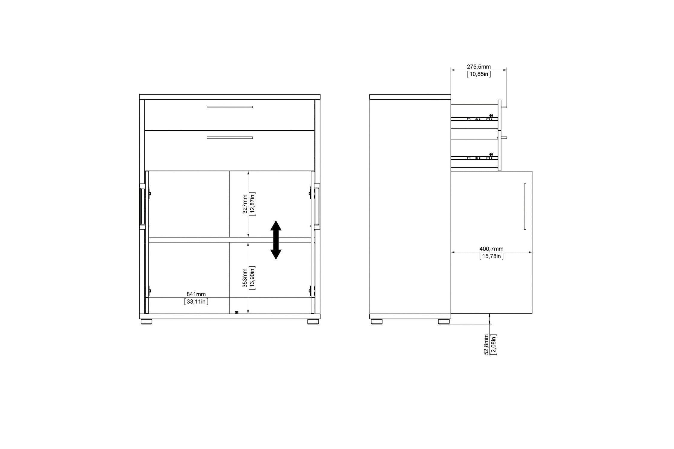 Prima Bookcase 1 Shelf with 2 Drawers and Doors in Oak