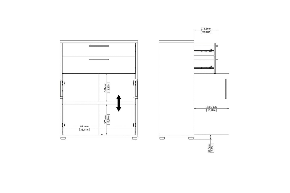 Prima Bookcase 1 Shelf with 2 Drawers and Doors in Oak