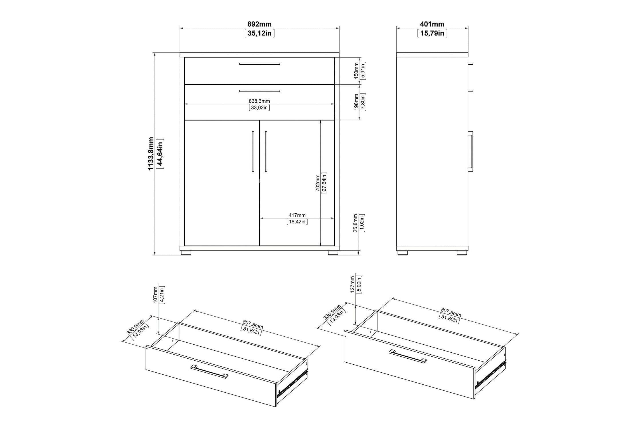 Prima Bookcase 1 Shelf with 2 Drawers and Doors in Oak