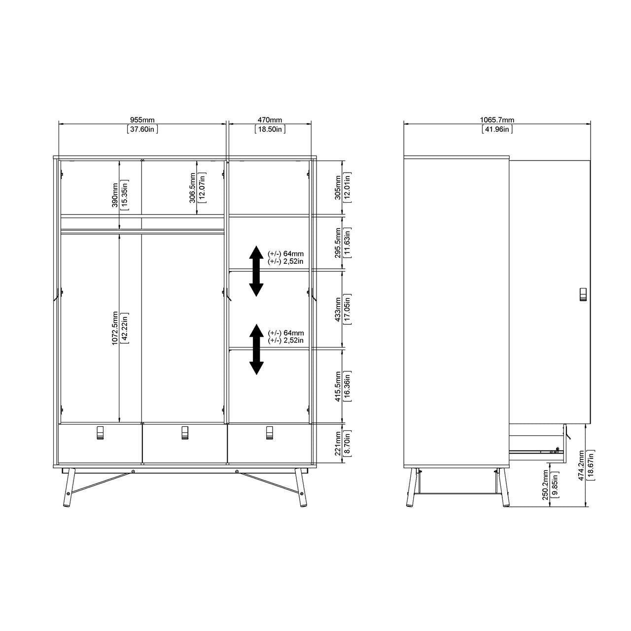 Ry Wardrobe 3 Doors + 3 Drawers in Matt White