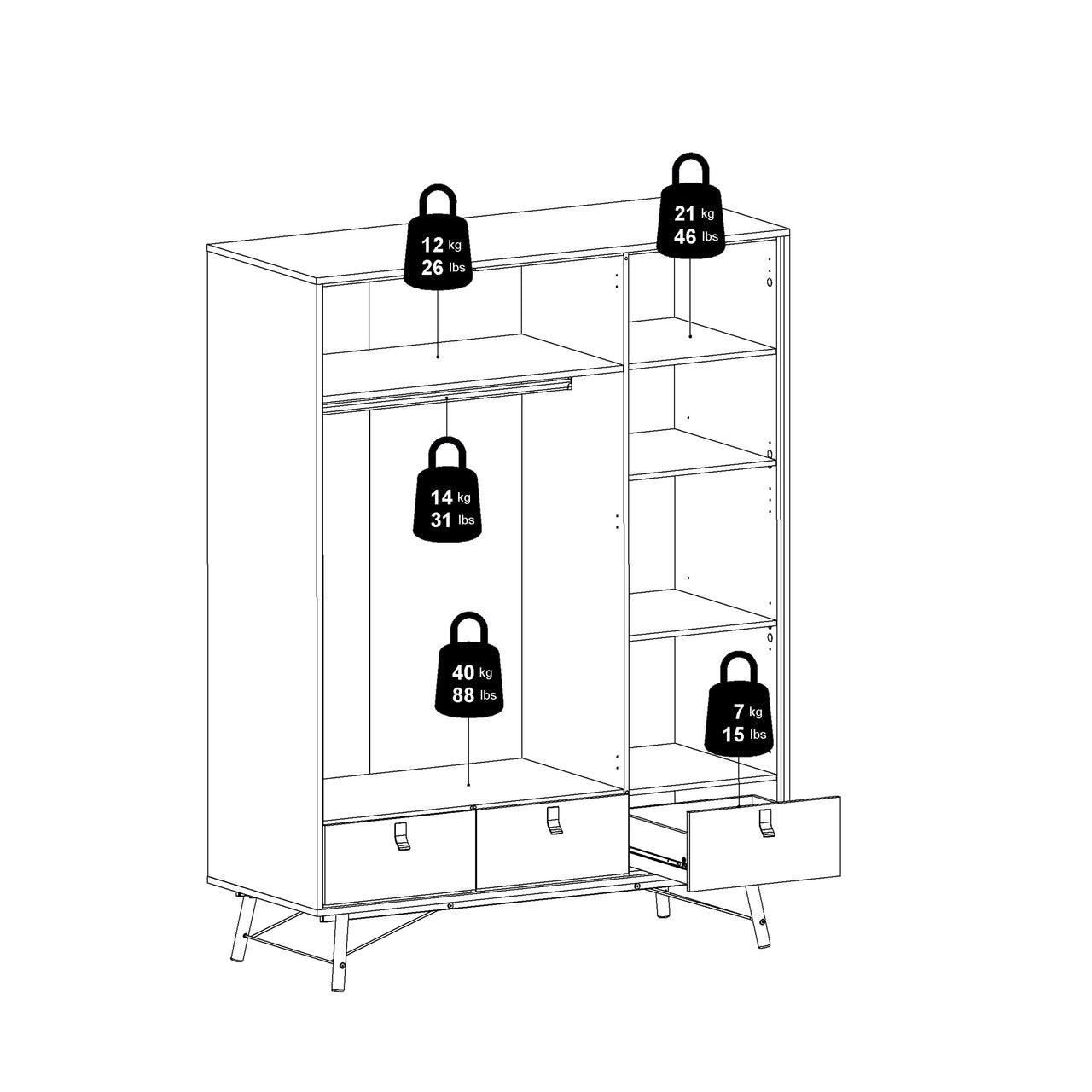 Ry Wardrobe 3 Doors + 3 Drawers in Matt White