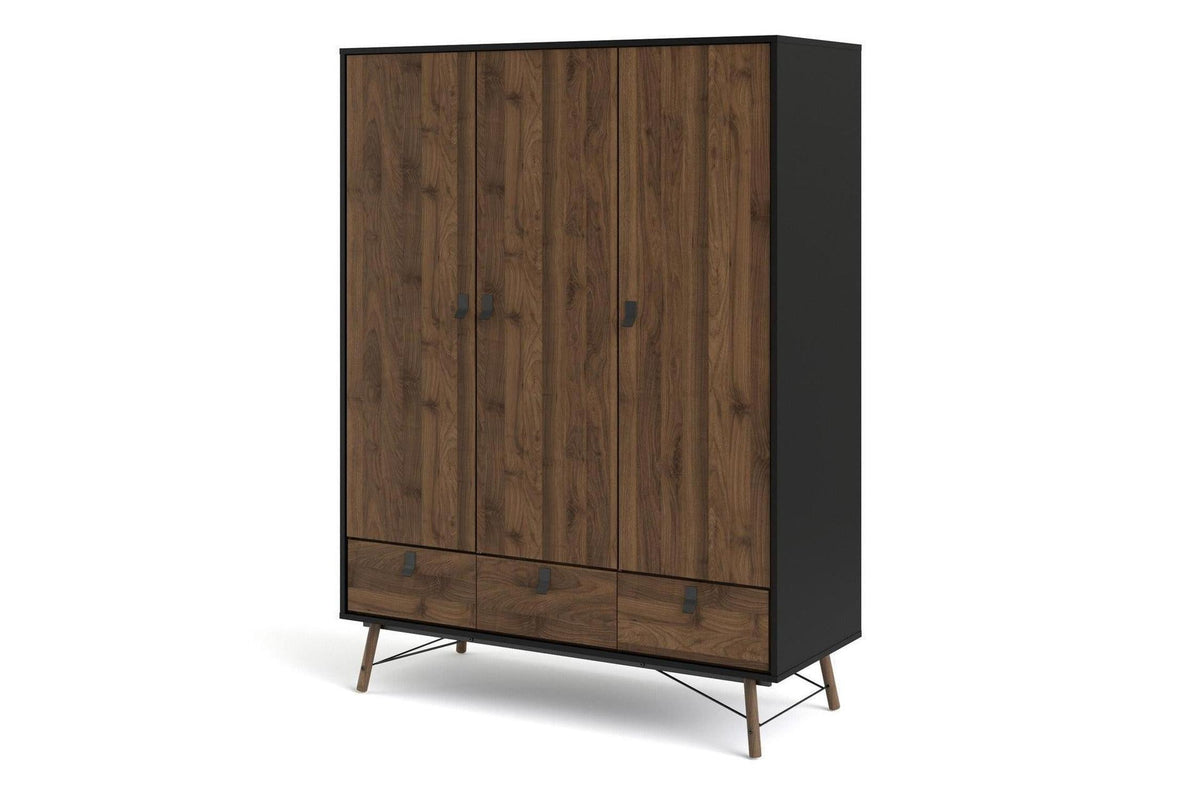 Ry Wardrobe 3 Doors 3 Drawers in Matt Black Walnut