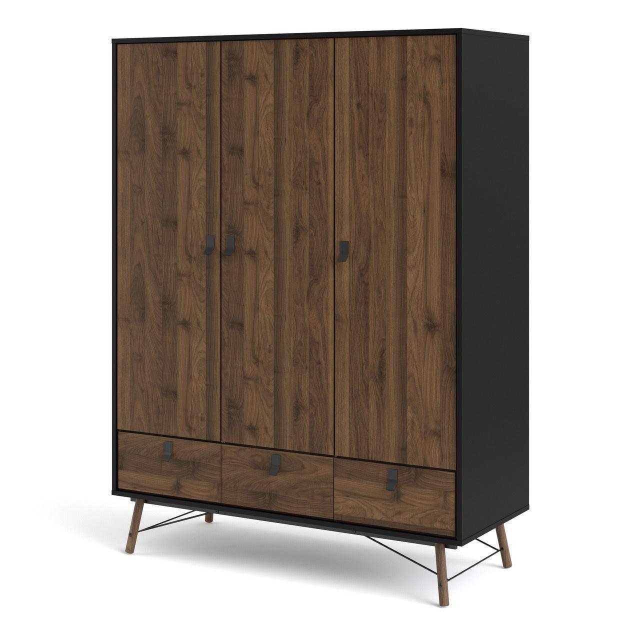 Ry Wardrobe 3 Doors + 3 Drawers in Matt Black Walnut