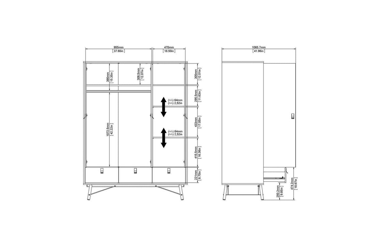 Ry Wardrobe 3 Doors 3 Drawers in Matt Black Walnut