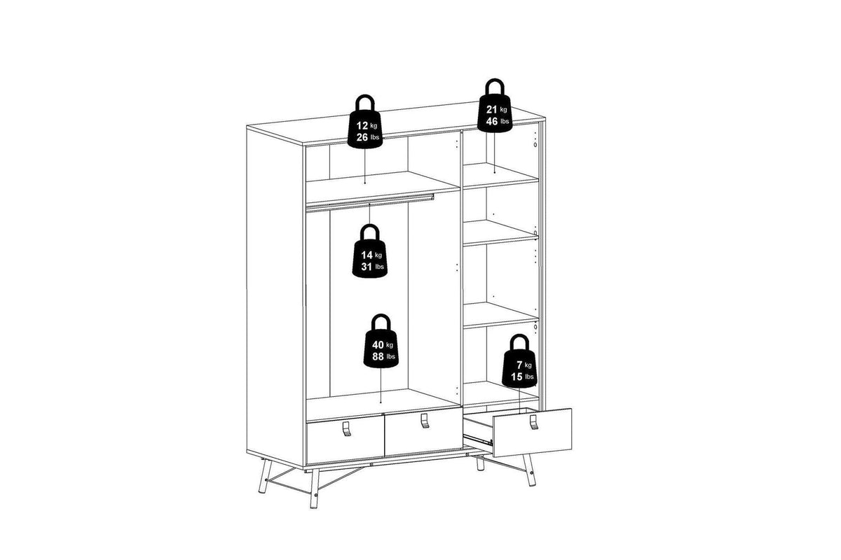 Ry Wardrobe 3 Doors 3 Drawers in Matt Black Walnut