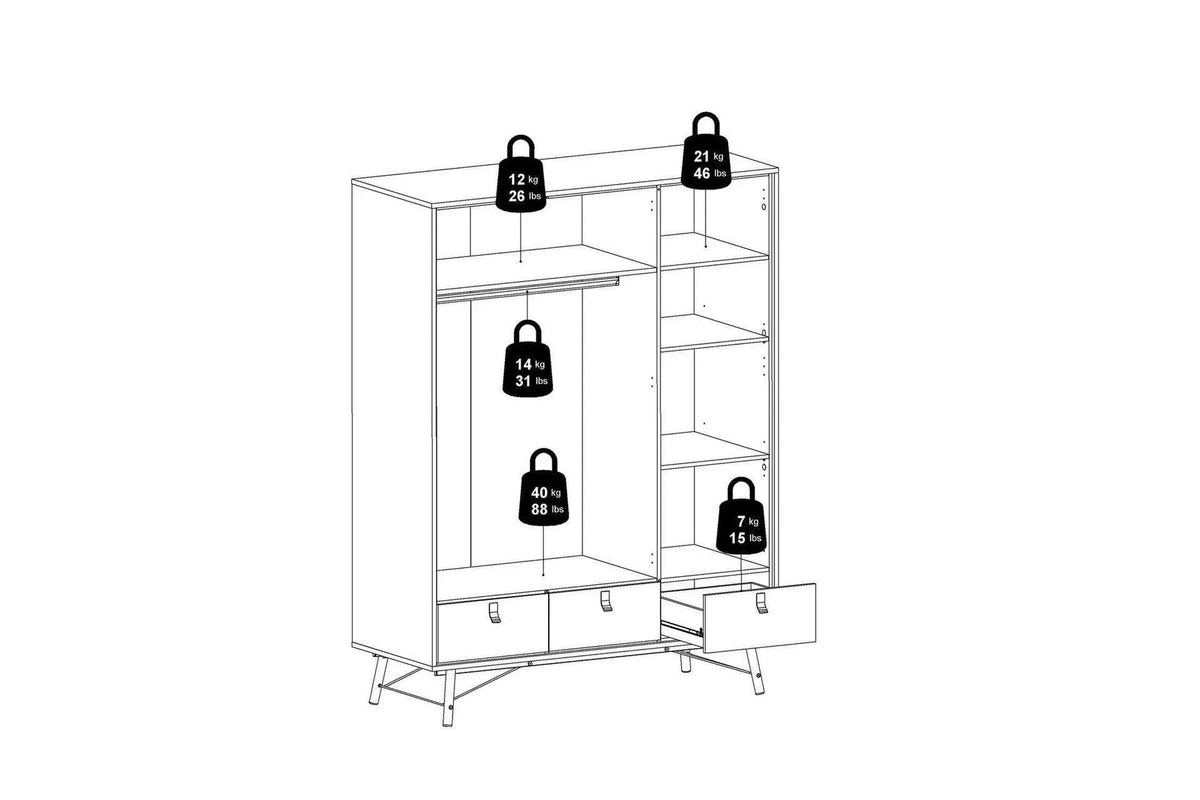 Ry Wardrobe 3 Doors 3 Drawers in Matt Black Walnut