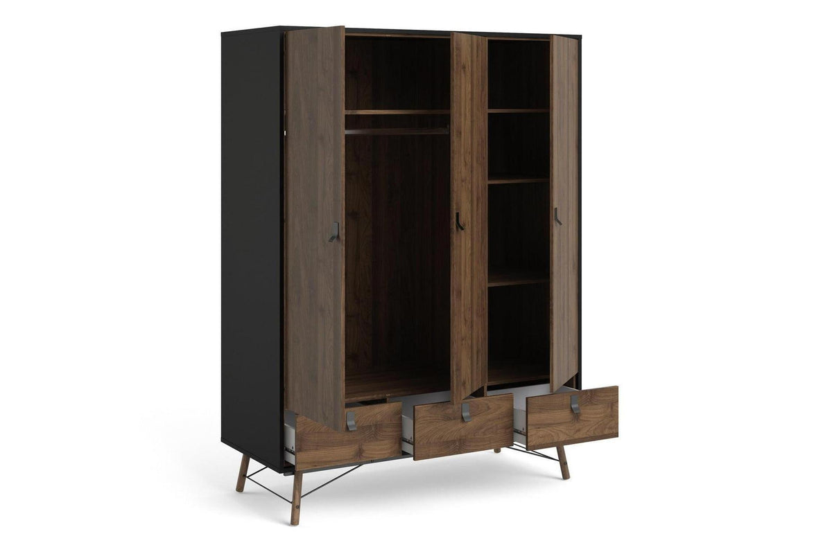Ry Wardrobe 3 Doors 3 Drawers in Matt Black Walnut