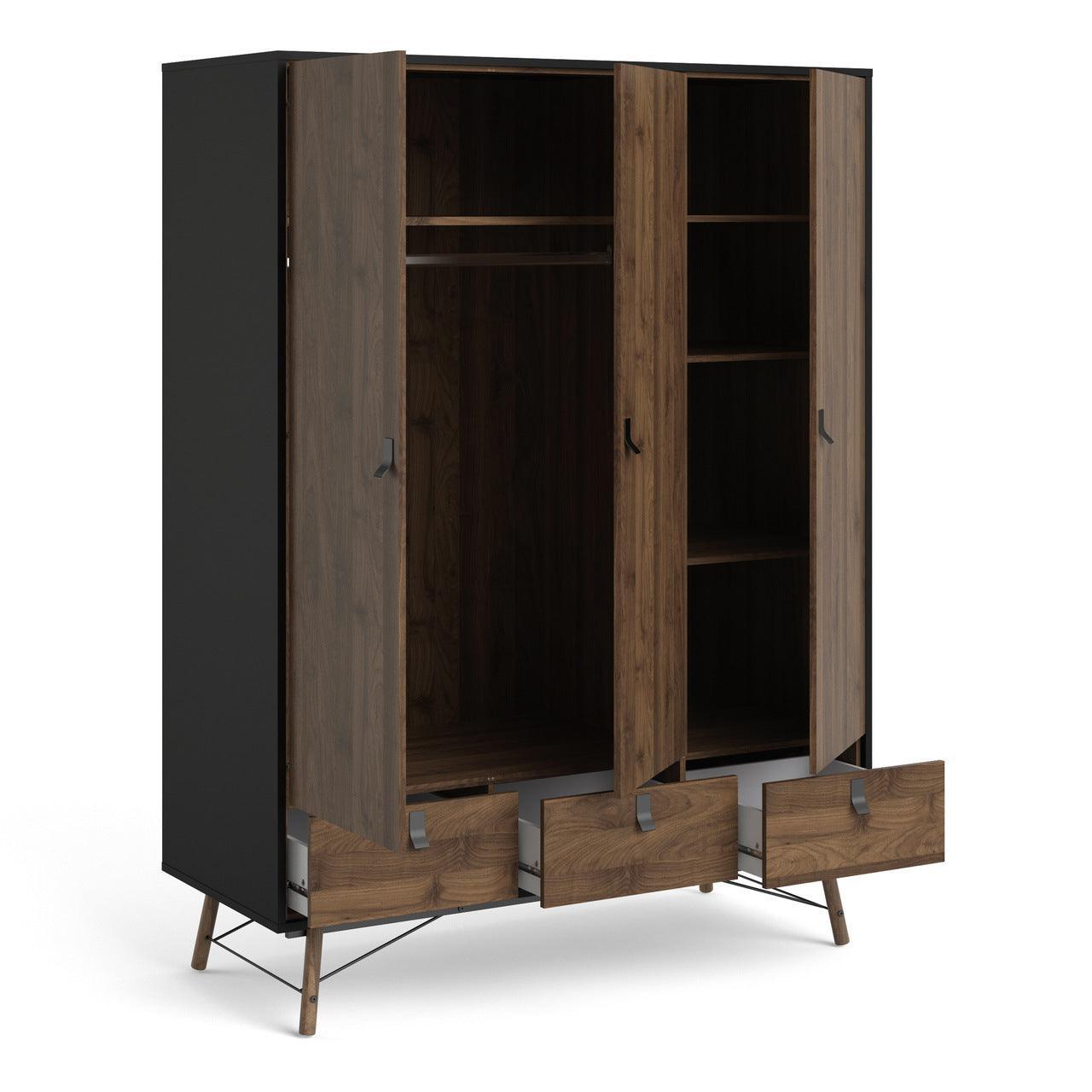 Ry Wardrobe 3 Doors + 3 Drawers in Matt Black Walnut