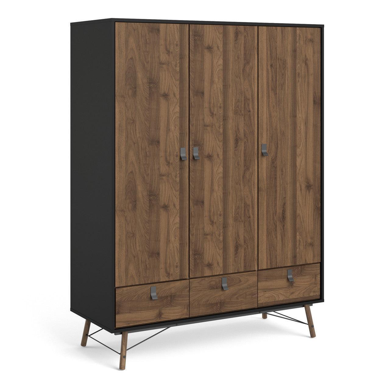 Ry Wardrobe 3 Doors + 3 Drawers in Matt Black Walnut