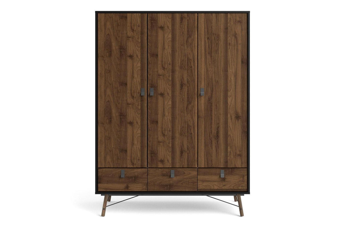 Ry Wardrobe 3 Doors 3 Drawers in Matt Black Walnut