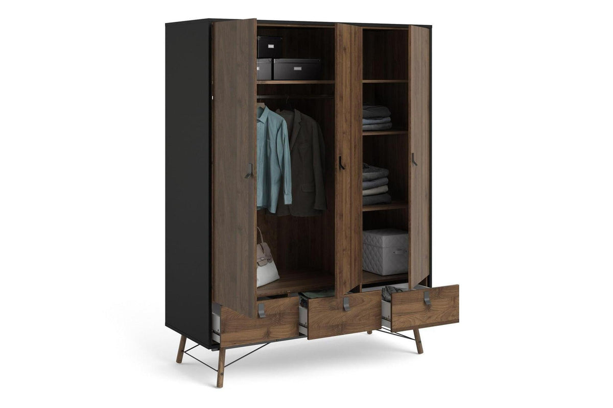 Ry Wardrobe 3 Doors 3 Drawers in Matt Black Walnut