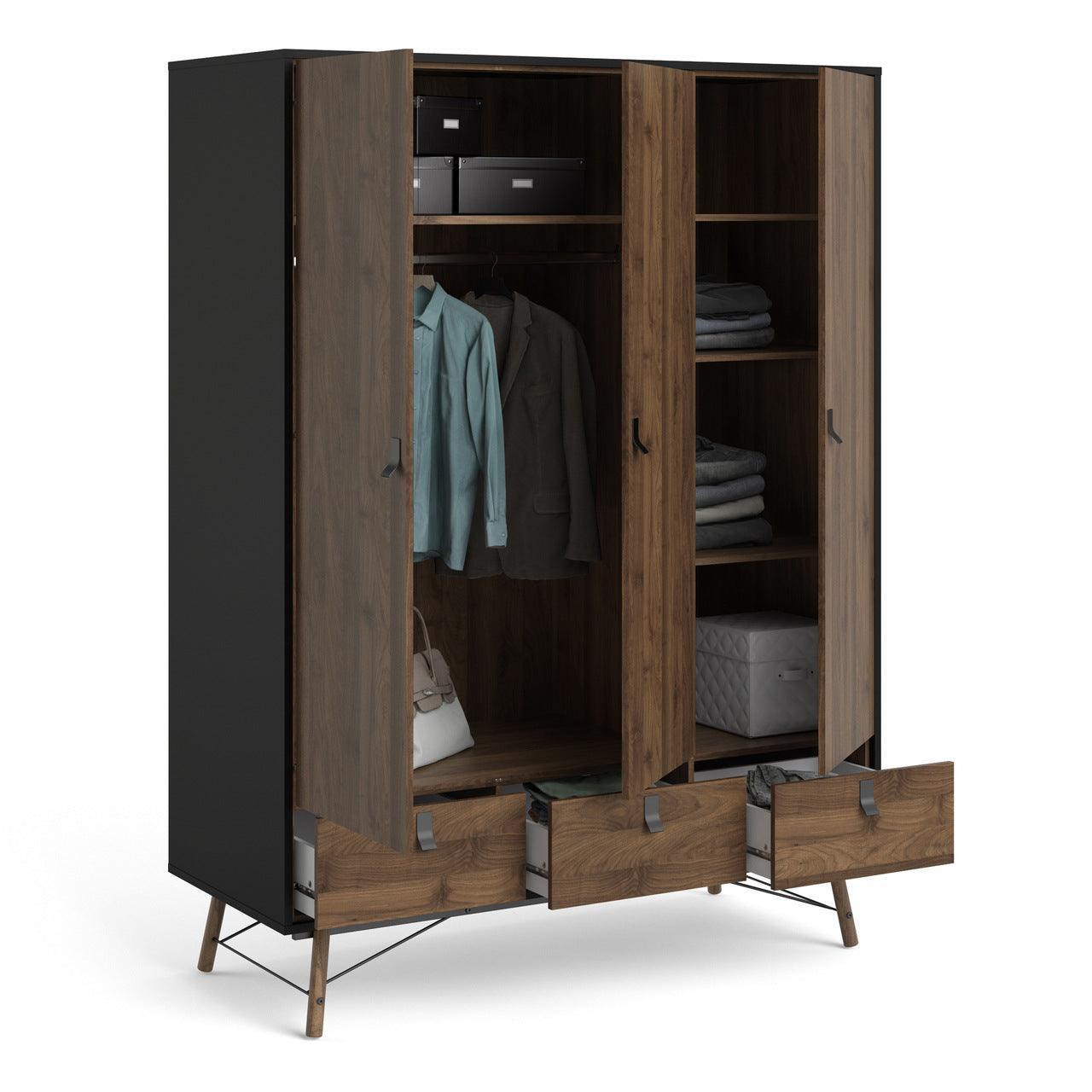 Ry Wardrobe 3 Doors + 3 Drawers in Matt Black Walnut