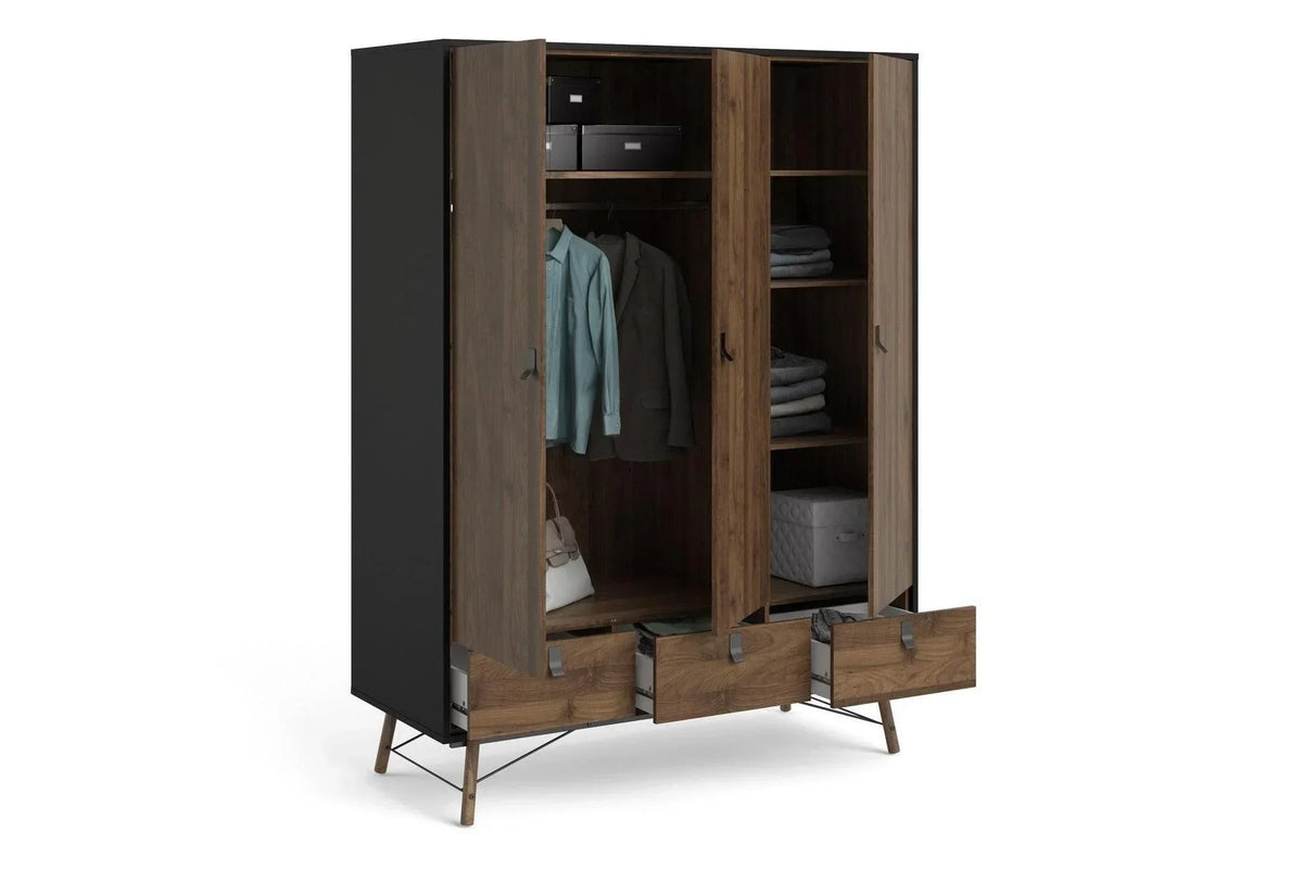 Ry Wardrobe 3 Doors 3 Drawers in Matt Black Walnut