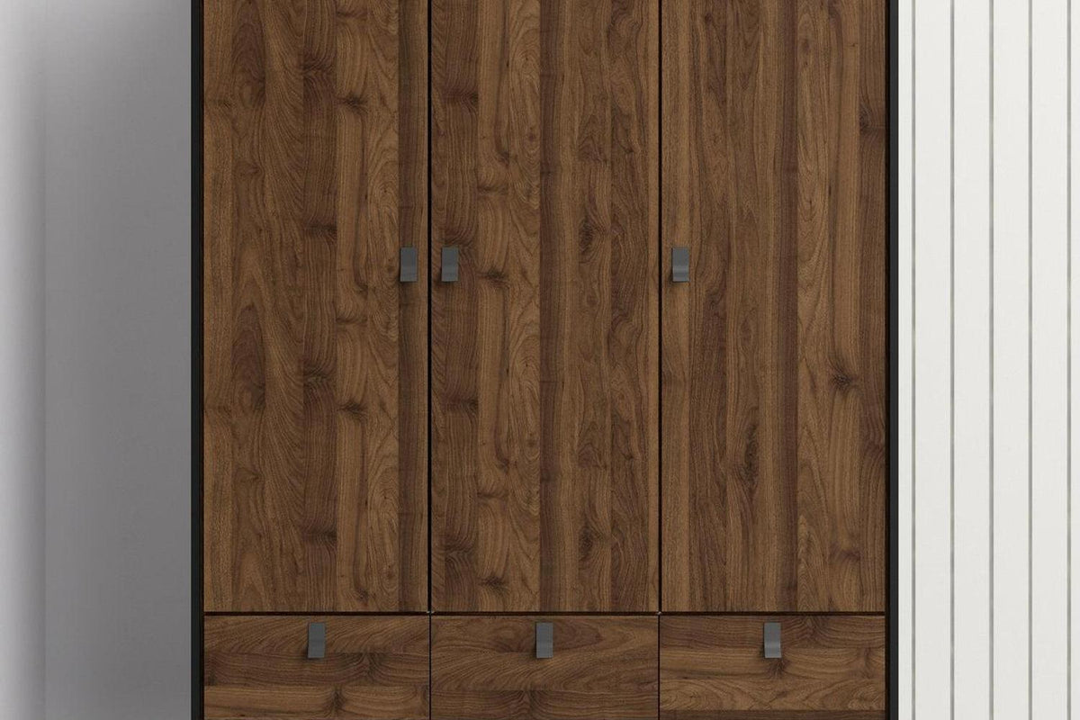 Ry Wardrobe 3 Doors 3 Drawers in Matt Black Walnut