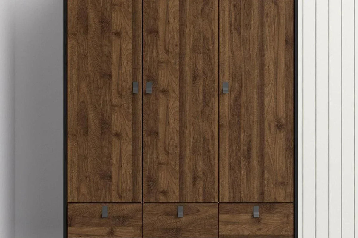 Ry Wardrobe 3 Doors 3 Drawers in Matt Black Walnut