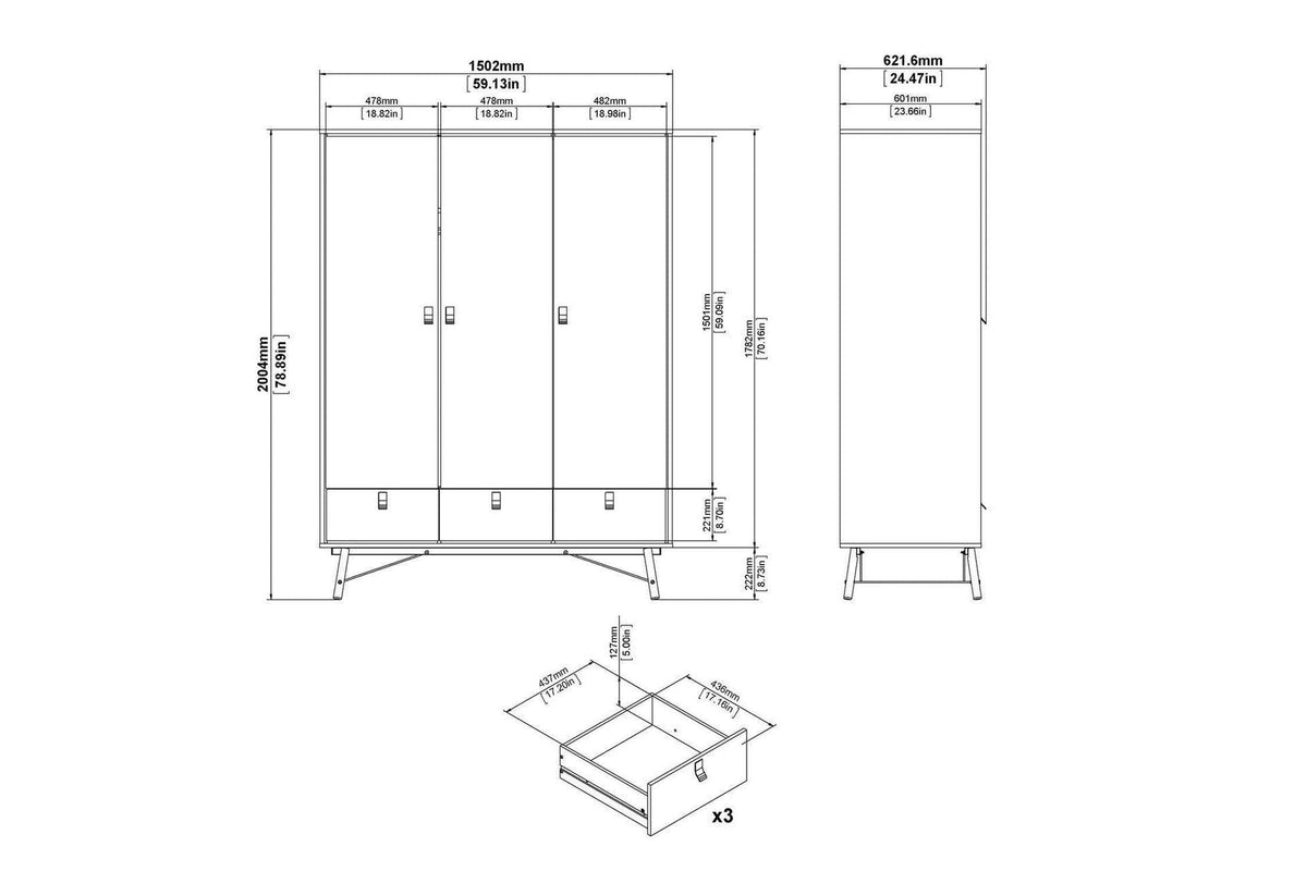 Ry Wardrobe 3 Doors 3 Drawers in Matt Black Walnut