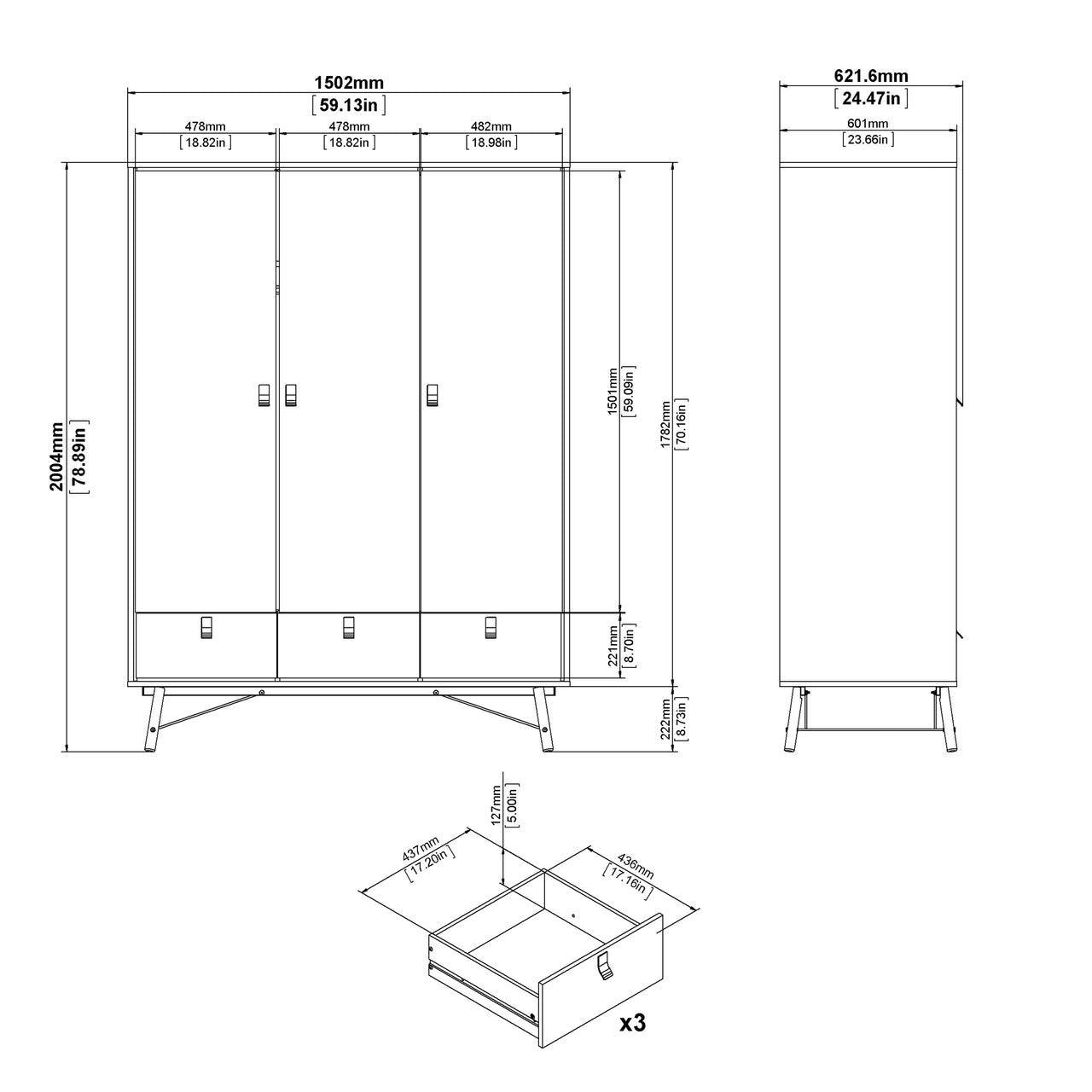 Ry Wardrobe 3 Doors + 3 Drawers in Matt Black Walnut