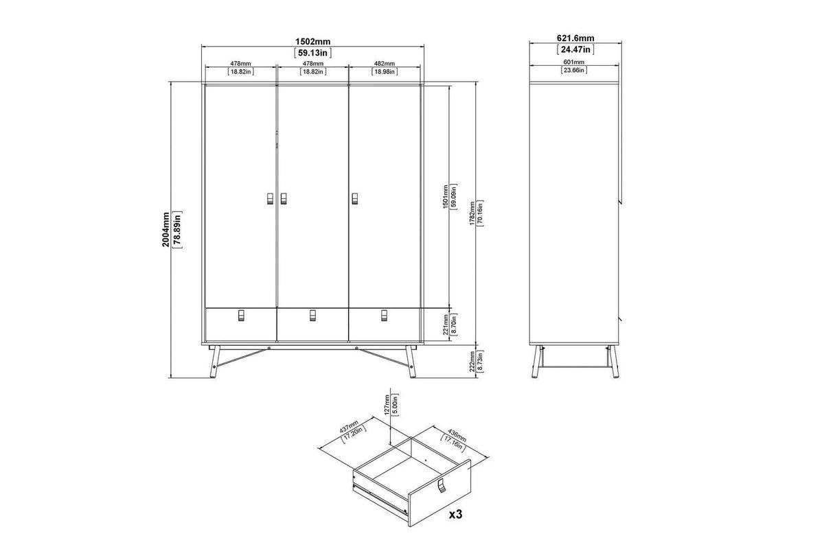 Ry Wardrobe 3 Doors 3 Drawers in Matt Black Walnut